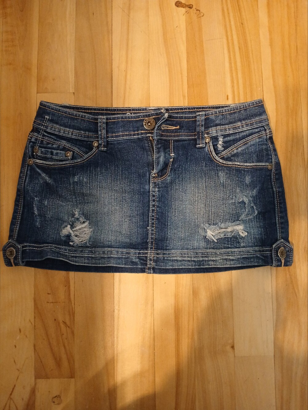 Vintage Dark Blue Distressed Denim Mini Skirt